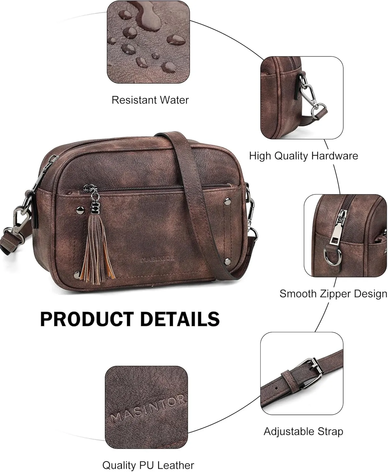 MASINTOR Crossbody Bags for Women Vegan Leather, Trendy Shoulder Purse with Adjustable Strap and Tassel