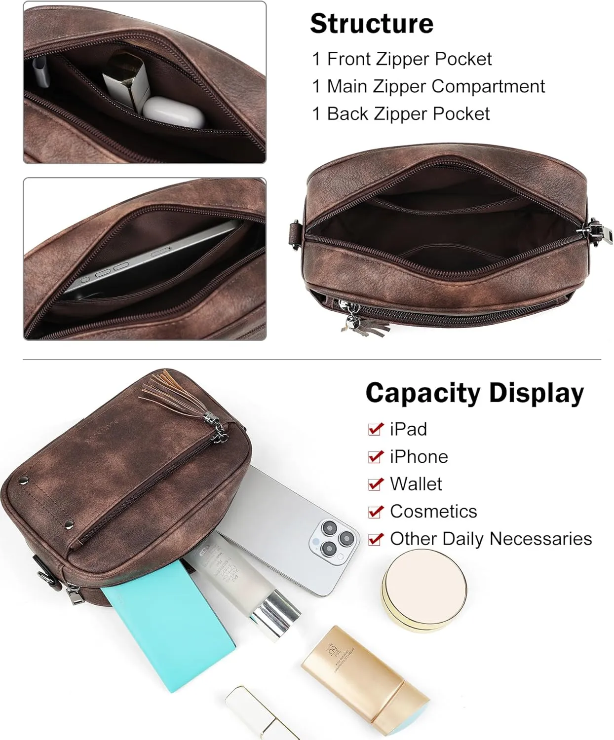 MASINTOR Crossbody Bags for Women Vegan Leather, Trendy Shoulder Purse with Adjustable Strap and Tassel