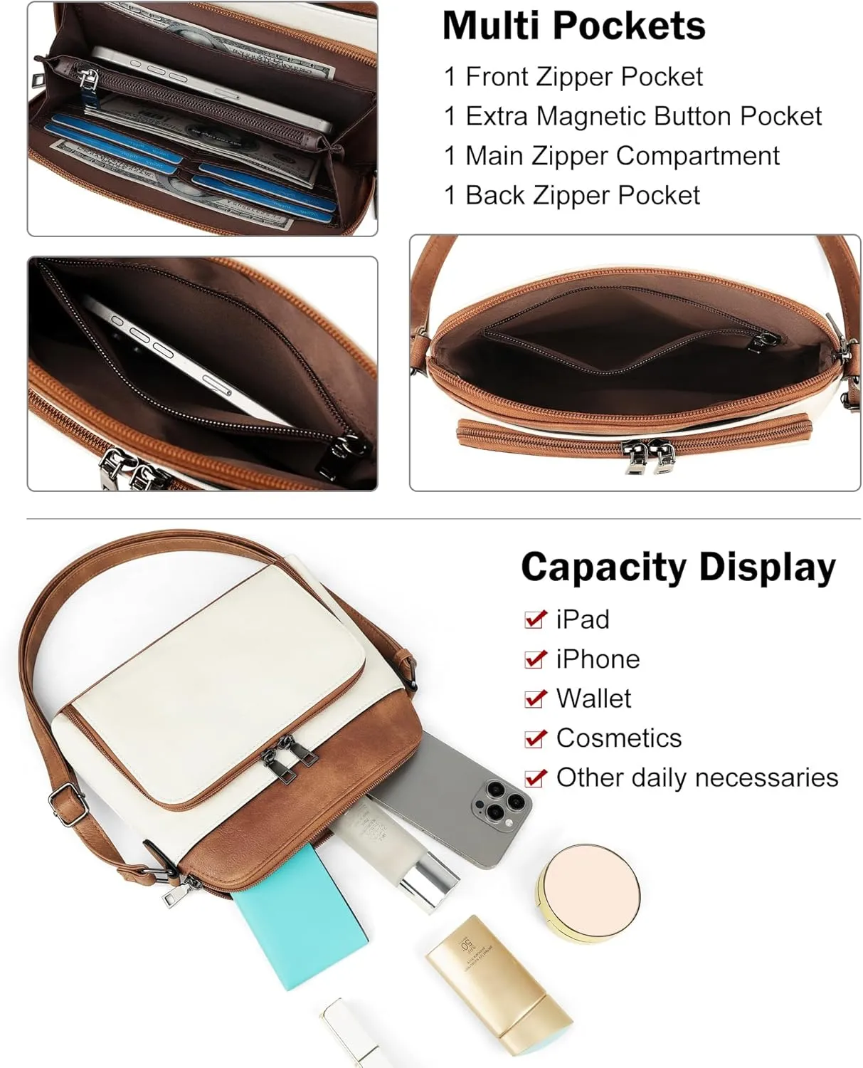 MASINTOR Crossbody Purse Bags for Women, Multi-Pocket Soft Leather Shoulder Purse with Tassel, Lightweight Travel Handbag