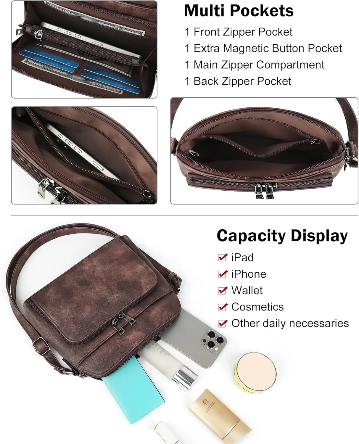 MASINTOR Crossbody Purse Bags for Women, Multi-Pocket Soft Leather Shoulder Purse with Tassel, Lightweight Travel Handbag