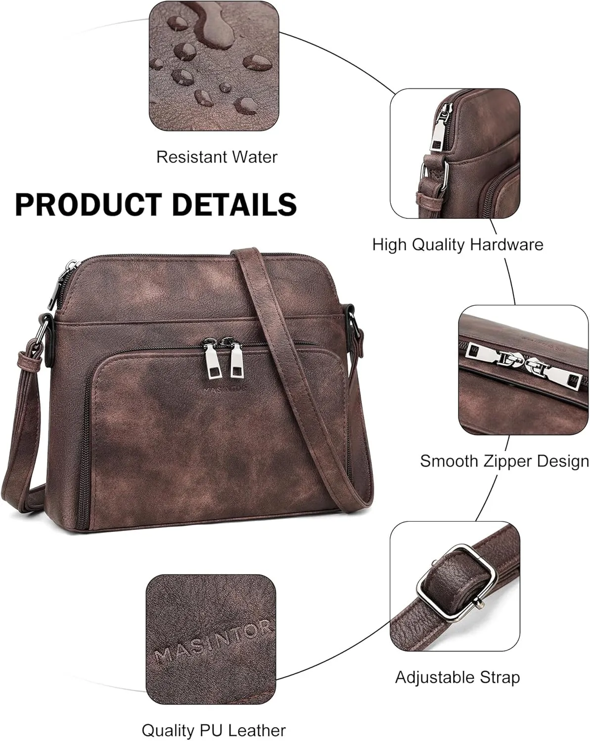 MASINTOR Crossbody Purse Bags for Women, Multi-Pocket Soft Leather Shoulder Purse with Tassel, Lightweight Travel Handbag