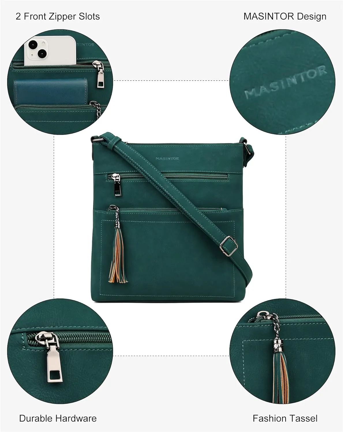 MASINTOR Crossbody Purses for Women, Multi Pocket Casual Crossbody Bag, Adjustable Strap Shoulder Bag with Tassel