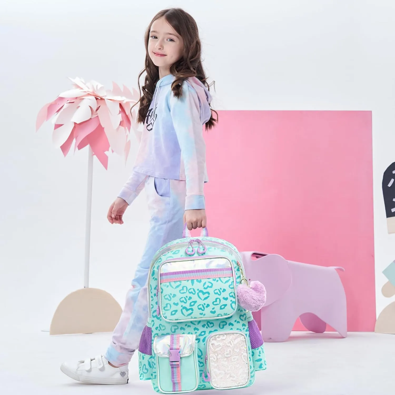 Meetbelify Aesthetic Backpack for Elementary Student with Lunch Box - Cute Bookbag for Girls 8-10