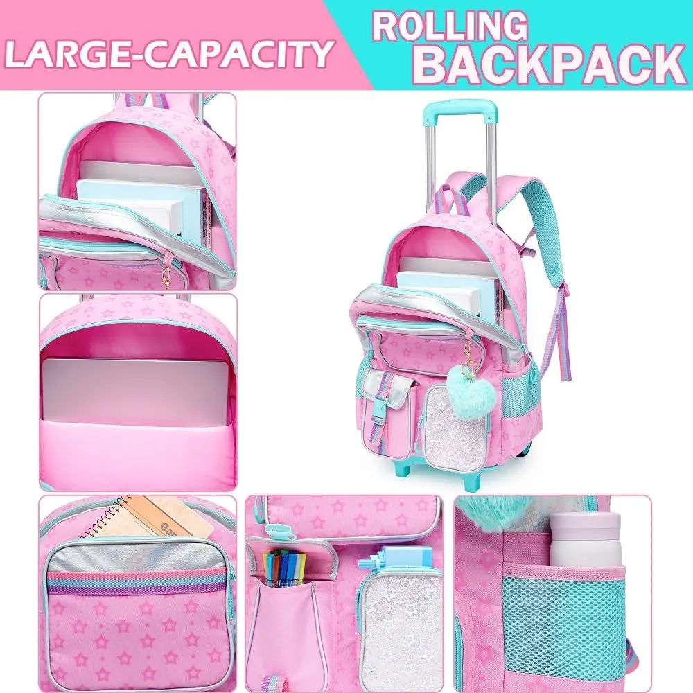 Meetbelify Backpack with Wheels for Girls Rolling Backpack Cute Carry on Backpack for Elementary Student
