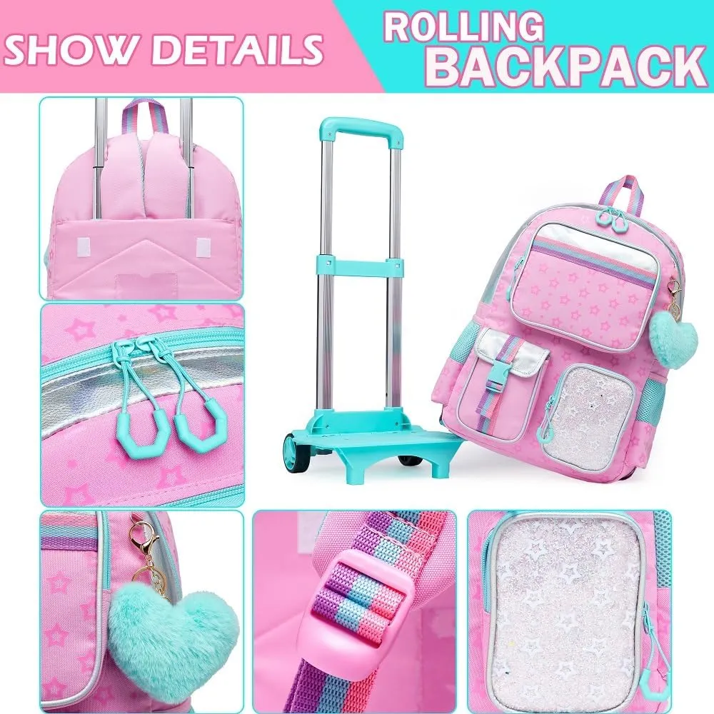 Meetbelify Backpack with Wheels for Girls Rolling Backpack Cute Carry on Backpack for Elementary Student