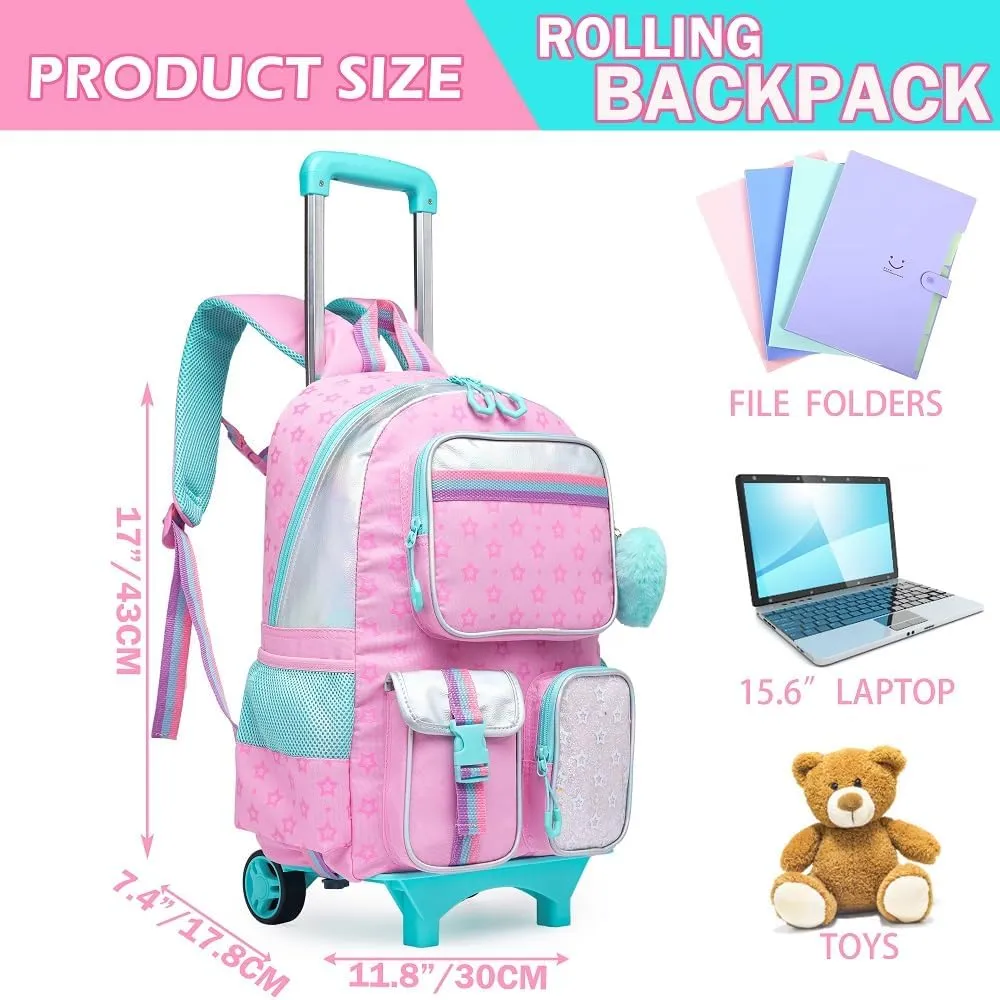 Meetbelify Backpack with Wheels for Girls Rolling Backpack Cute Carry on Backpack for Elementary Student