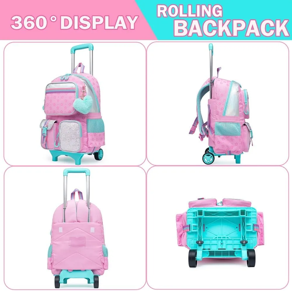 Meetbelify Backpack with Wheels for Girls Rolling Backpack Cute Carry on Backpack for Elementary Student