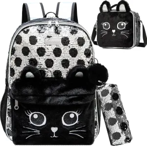 Meetbelify Cute Cat Backpack for Girls Sequin School Backpacks with Lunch Box for Elementary Students Kids Travel Bookbag Set 4 in 1