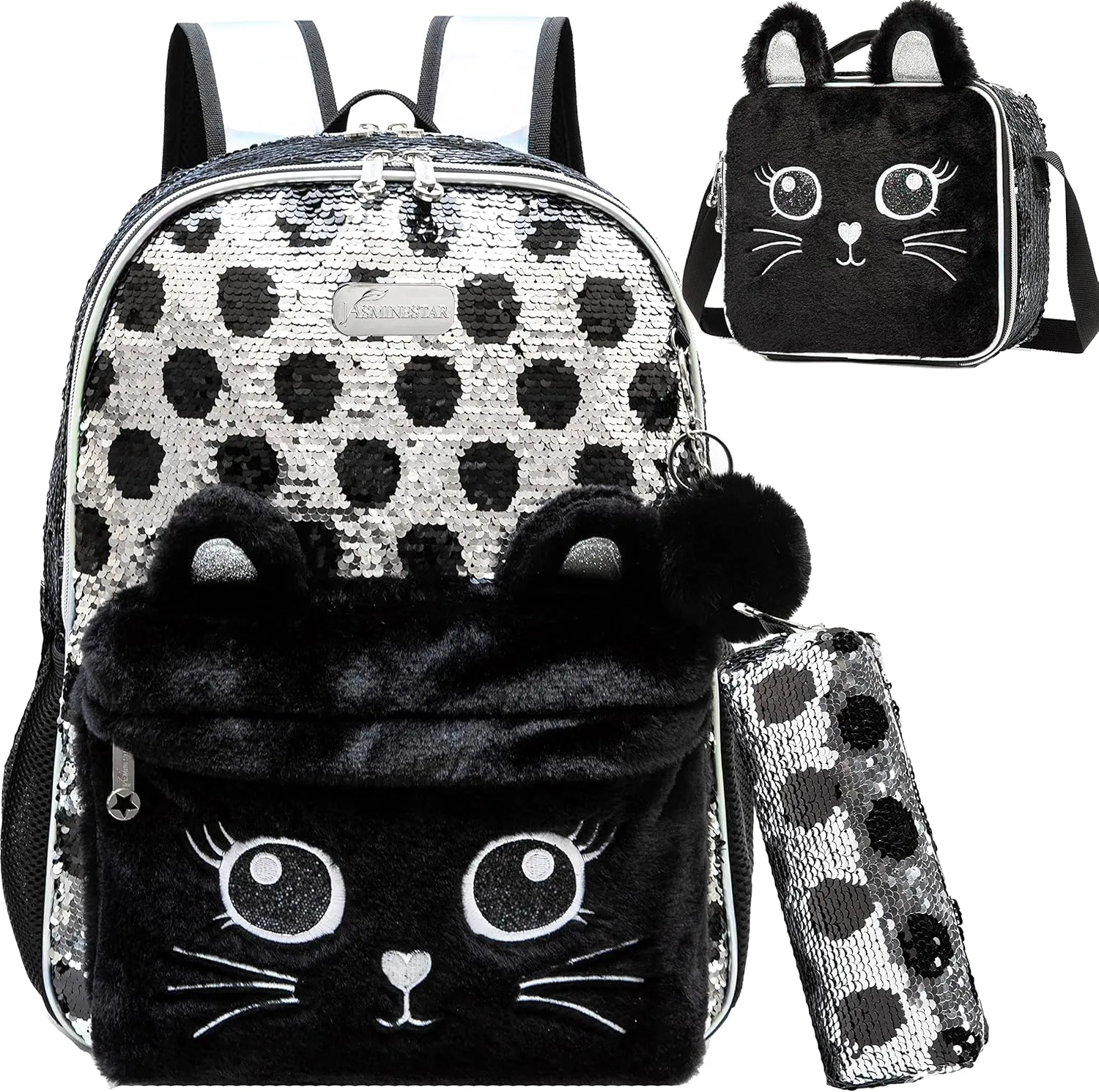 Meetbelify Cute Cat Backpack for Girls Sequin School Backpacks with Lunch Box for Elementary Students Kids Travel Bookbag Set 4 in 1