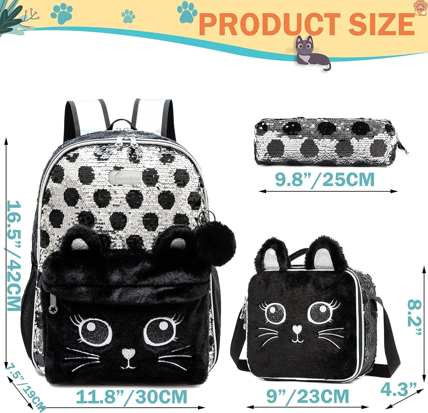 Meetbelify Cute Cat Backpack for Girls Sequin School Backpacks with Lunch Box for Elementary Students Kids Travel Bookbag Set 4 in 1