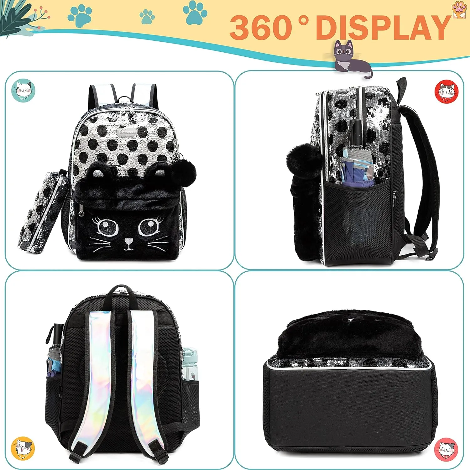 Meetbelify Cute Cat Backpack for Girls Sequin School Backpacks with Lunch Box for Elementary Students Kids Travel Bookbag Set 4 in 1