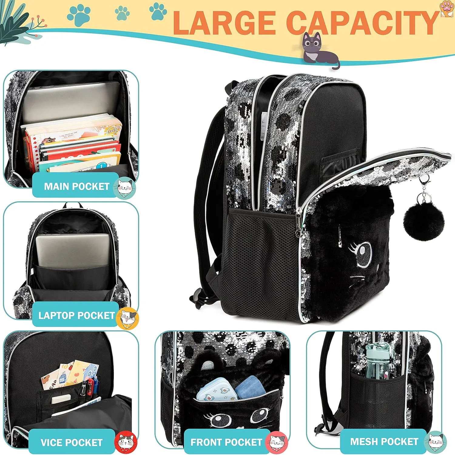 Meetbelify Cute Cat Backpack for Girls Sequin School Backpacks with Lunch Box for Elementary Students Kids Travel Bookbag Set 4 in 1