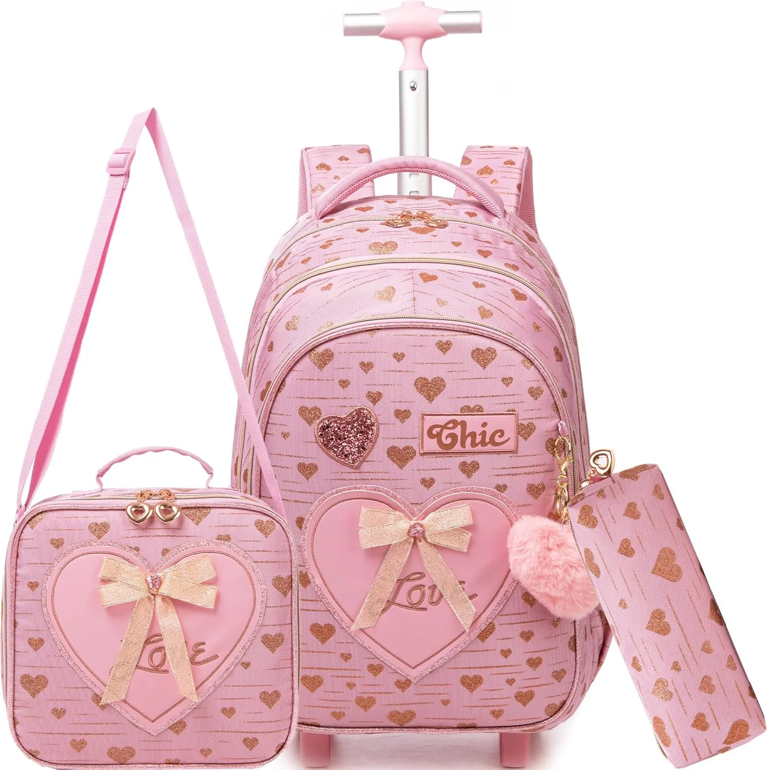 Meetbelify Kids Backpacks with Wheels for Girls Rolling Backpack with Lunch Box for Elementary Students Carry on Backpack Travel Suitcase Trip Luggage for Girls Ages 6-8