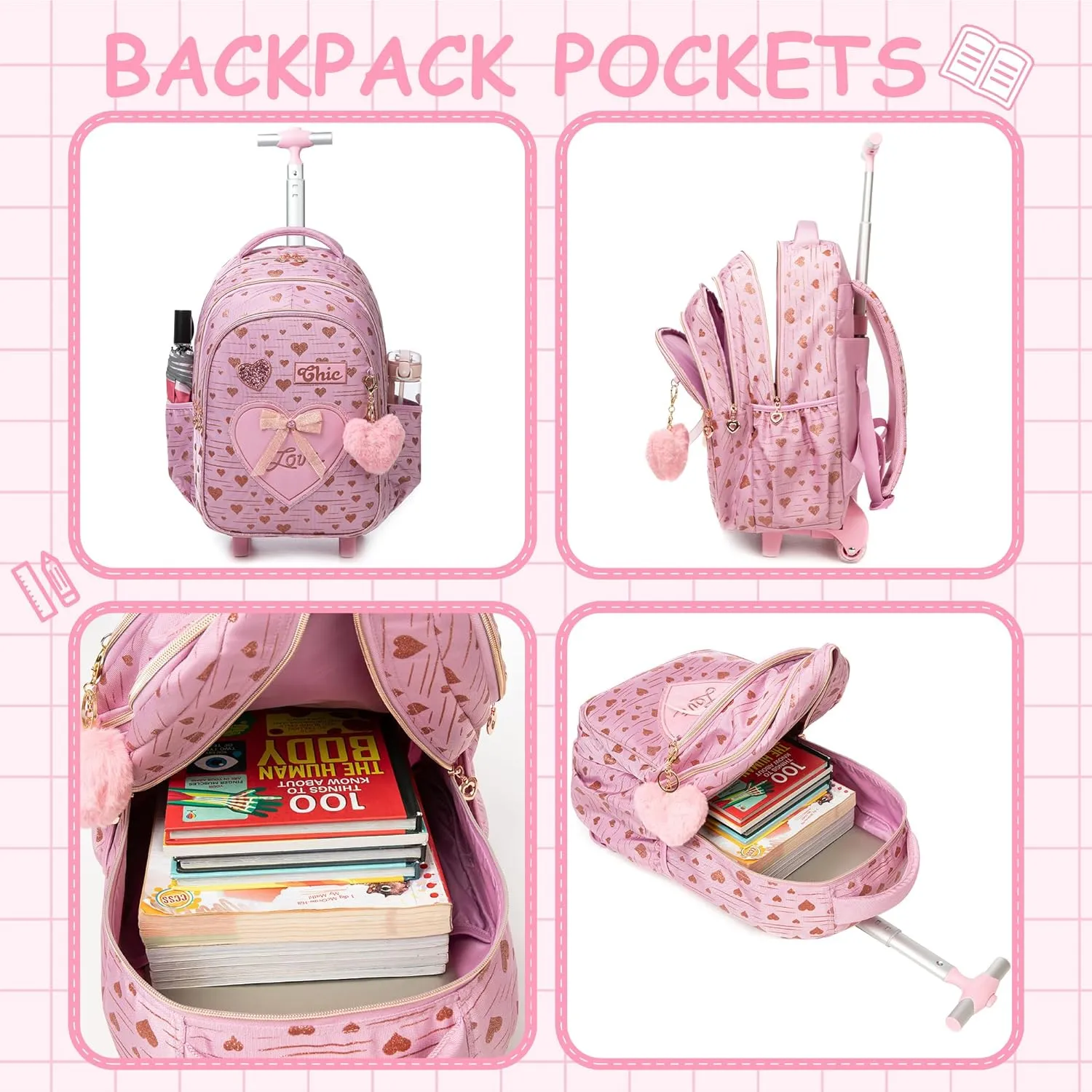 Meetbelify Kids Backpacks with Wheels for Girls Rolling Backpack with Lunch Box for Elementary Students Carry on Backpack Travel Suitcase Trip Luggage for Girls Ages 6-8