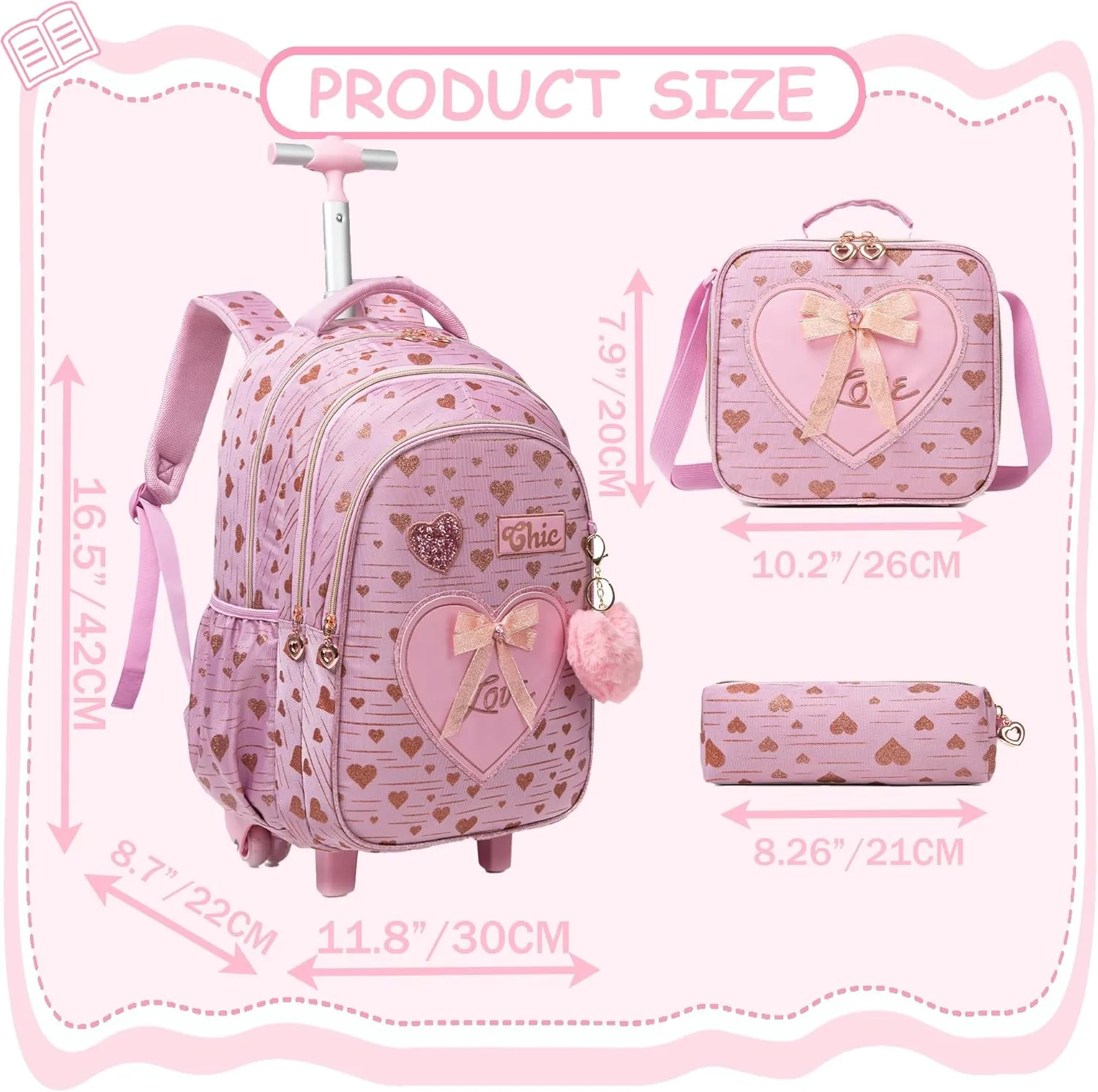 Meetbelify Kids Backpacks with Wheels for Girls Rolling Backpack with Lunch Box for Elementary Students Carry on Backpack Travel Suitcase Trip Luggage for Girls Ages 6-8