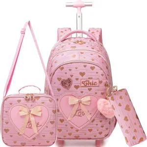 Meetbelify Kids Backpacks with Wheels for Girls Rolling Backpack with Lunch Box for Elementary Students Carry on Backpack Travel Suitcase Trip Luggage for Girls Ages 6-8