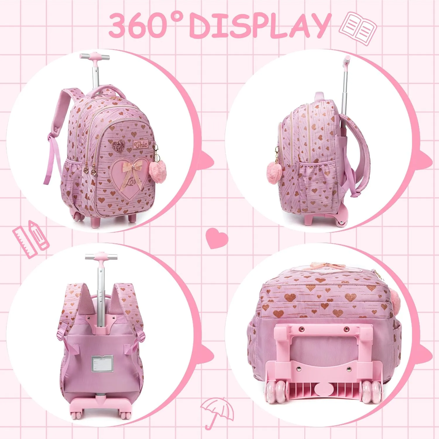 Meetbelify Kids Backpacks with Wheels for Girls Rolling Backpack with Lunch Box for Elementary Students Carry on Backpack Travel Suitcase Trip Luggage for Girls Ages 6-8