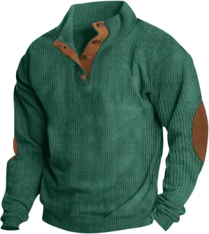 Mens Corduroy Sweater with Elbow Patches Long Sleeve Button Turtleneck Polo Shirts Waffle Knit Sweatshirts