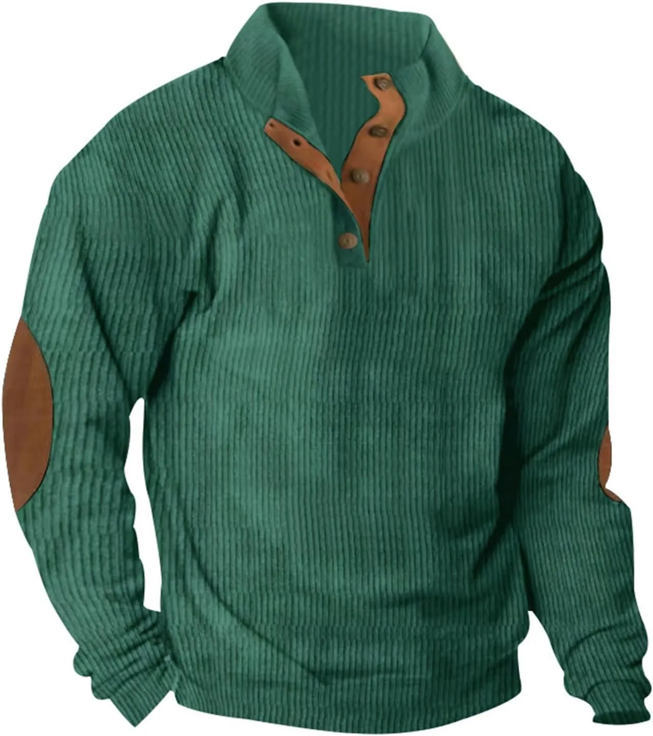 Mens Corduroy Sweater with Elbow Patches Long Sleeve Button Turtleneck Polo Shirts Waffle Knit Sweatshirts