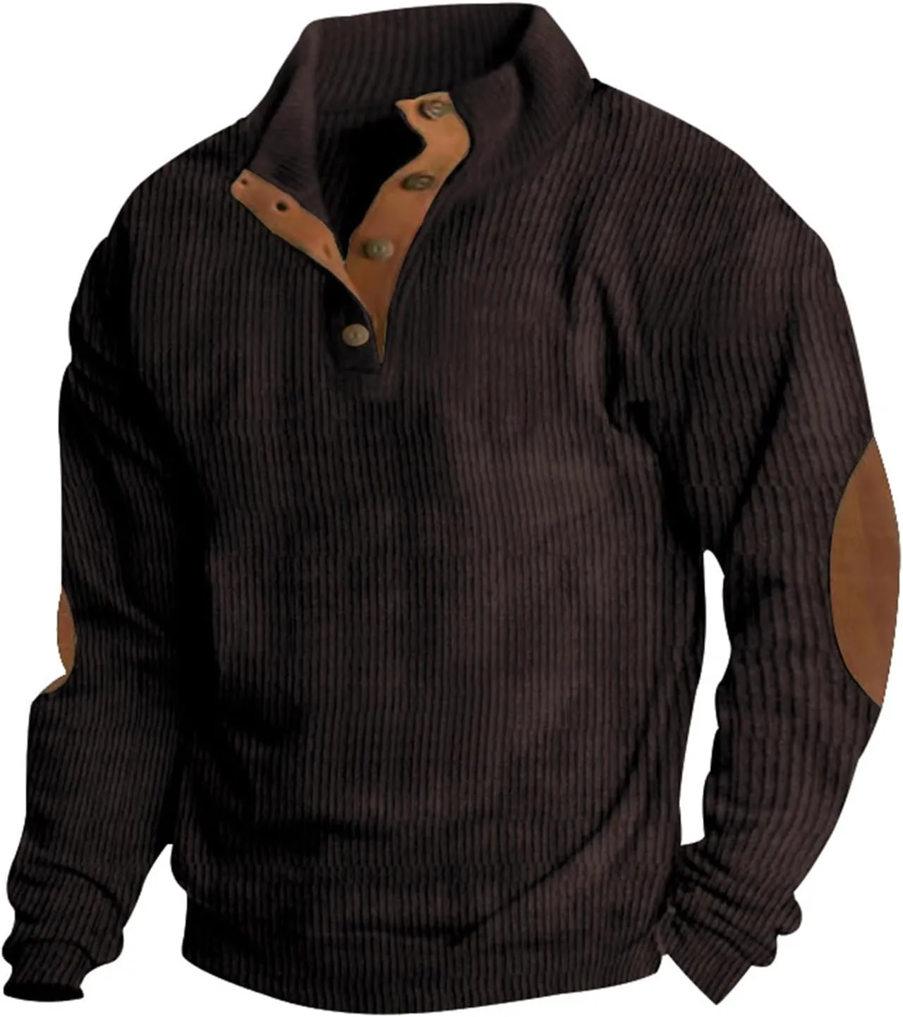 Mens Corduroy Sweater with Elbow Patches Long Sleeve Button Turtleneck Polo Shirts Waffle Knit Sweatshirts