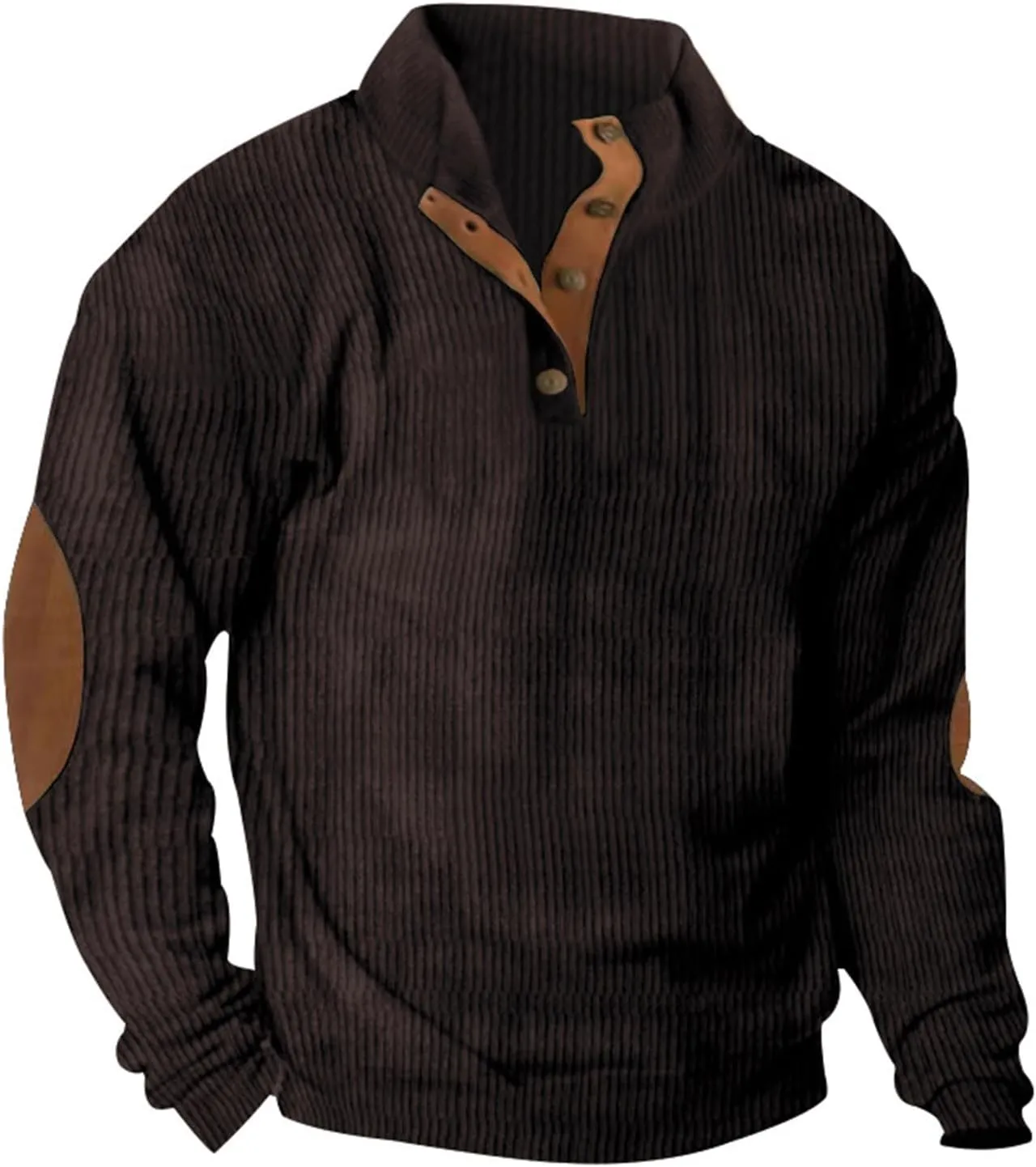 Mens Corduroy Sweater with Elbow Patches Long Sleeve Button Turtleneck Polo Shirts Waffle Knit Sweatshirts
