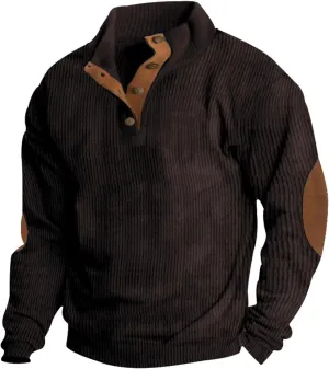 Mens Corduroy Sweater with Elbow Patches Long Sleeve Button Turtleneck Polo Shirts Waffle Knit Sweatshirts