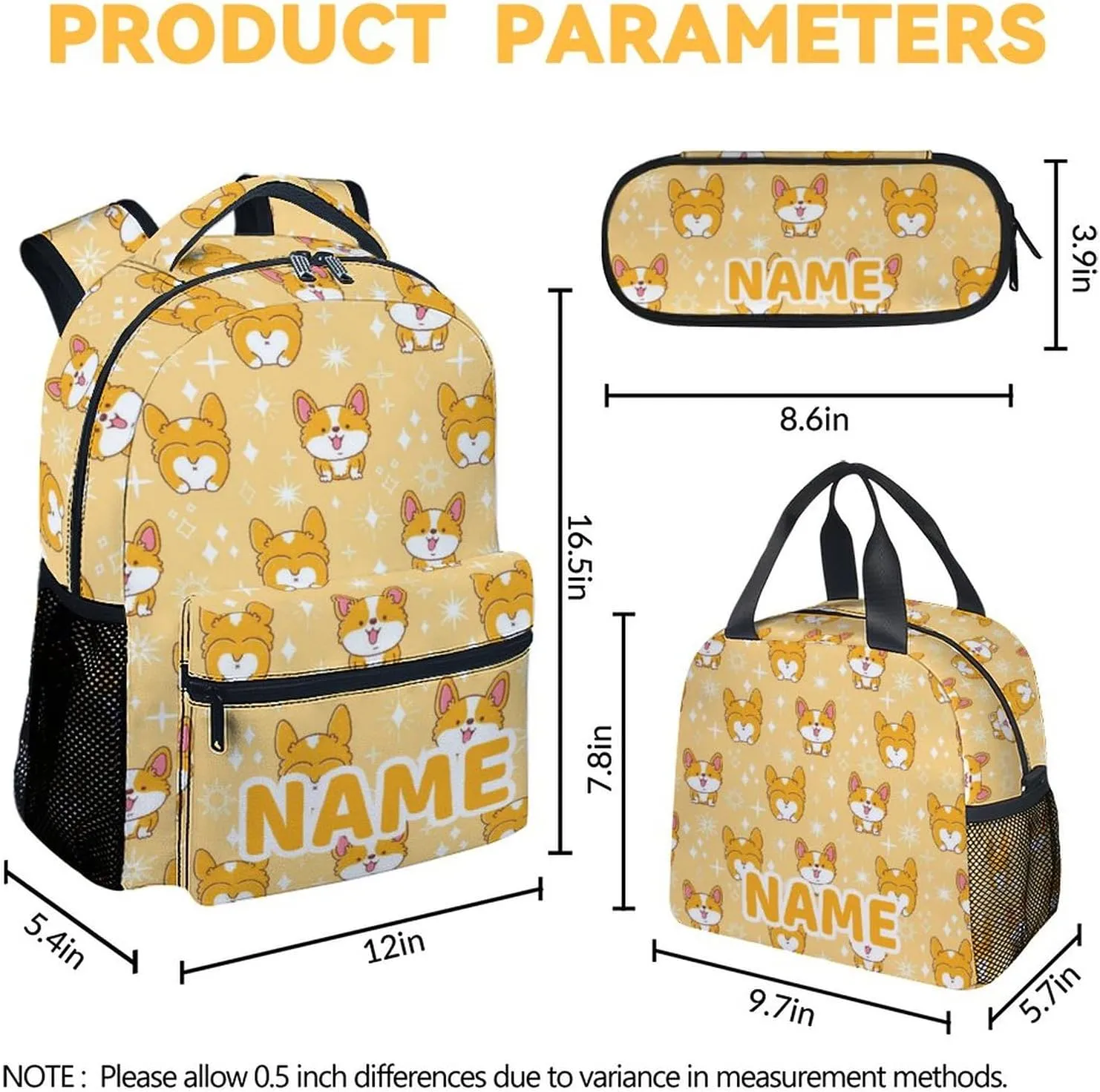 Mercuryelf Personalized Corgi Girls Boys Backpack with Lunch Box Set, 3 in 1 School Backpacks Matching Combo, Cute Yellow Bookbag and Pencil Case Bundle