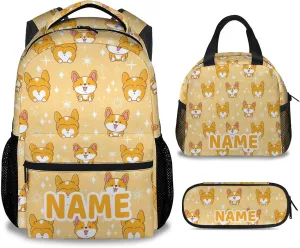 Mercuryelf Personalized Corgi Girls Boys Backpack with Lunch Box Set, 3 in 1 School Backpacks Matching Combo, Cute Yellow Bookbag and Pencil Case Bundle
