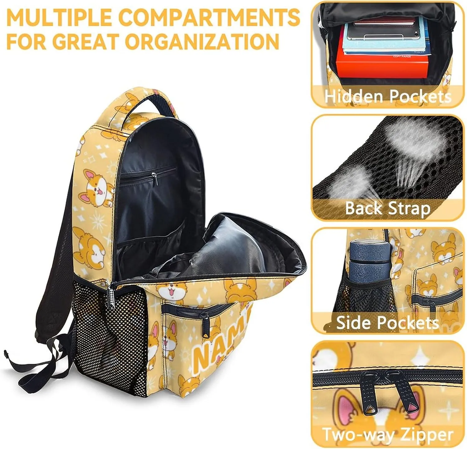 Mercuryelf Personalized Corgi Girls Boys Backpack with Lunch Box Set, 3 in 1 School Backpacks Matching Combo, Cute Yellow Bookbag and Pencil Case Bundle