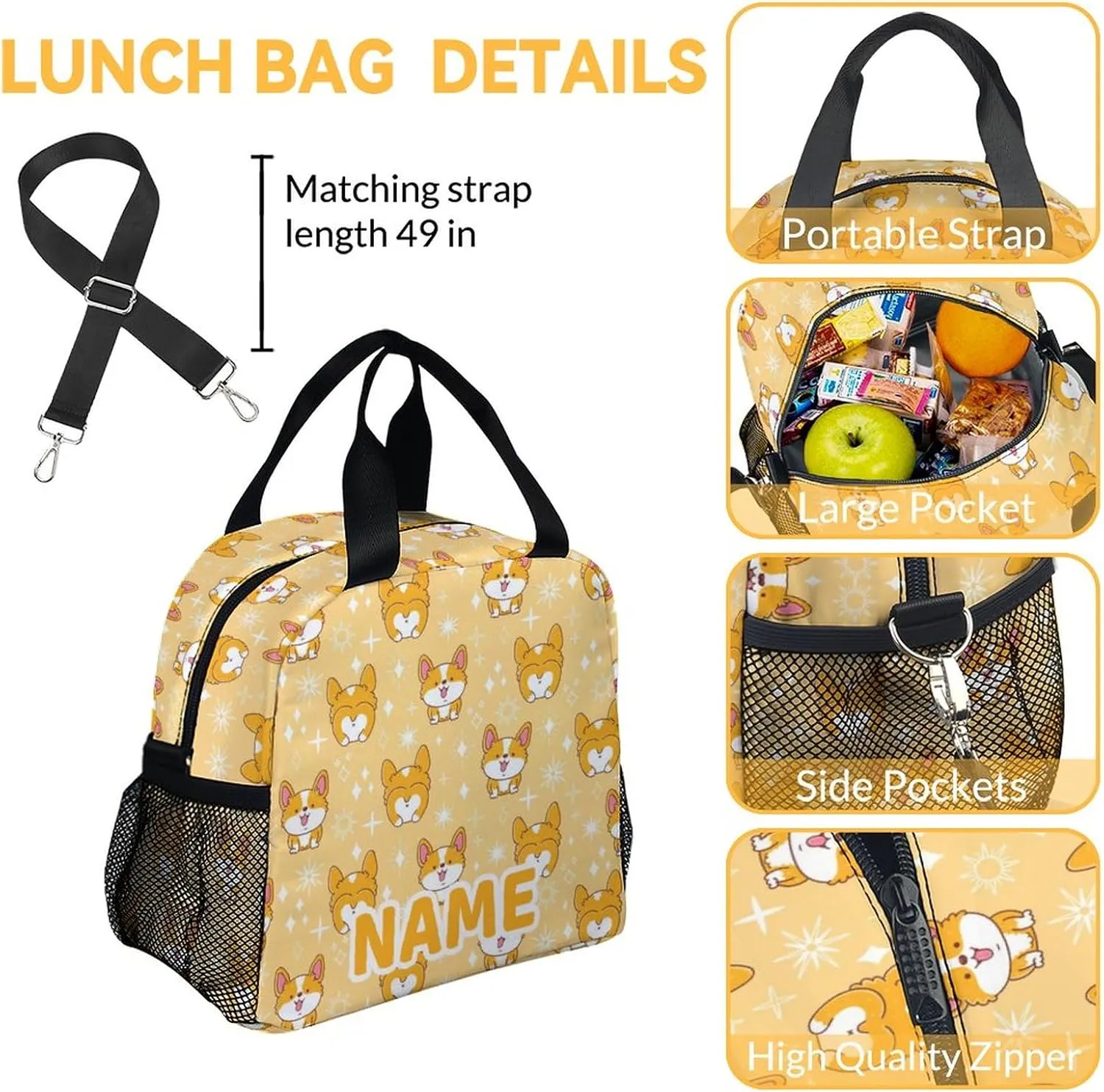 Mercuryelf Personalized Corgi Girls Boys Backpack with Lunch Box Set, 3 in 1 School Backpacks Matching Combo, Cute Yellow Bookbag and Pencil Case Bundle