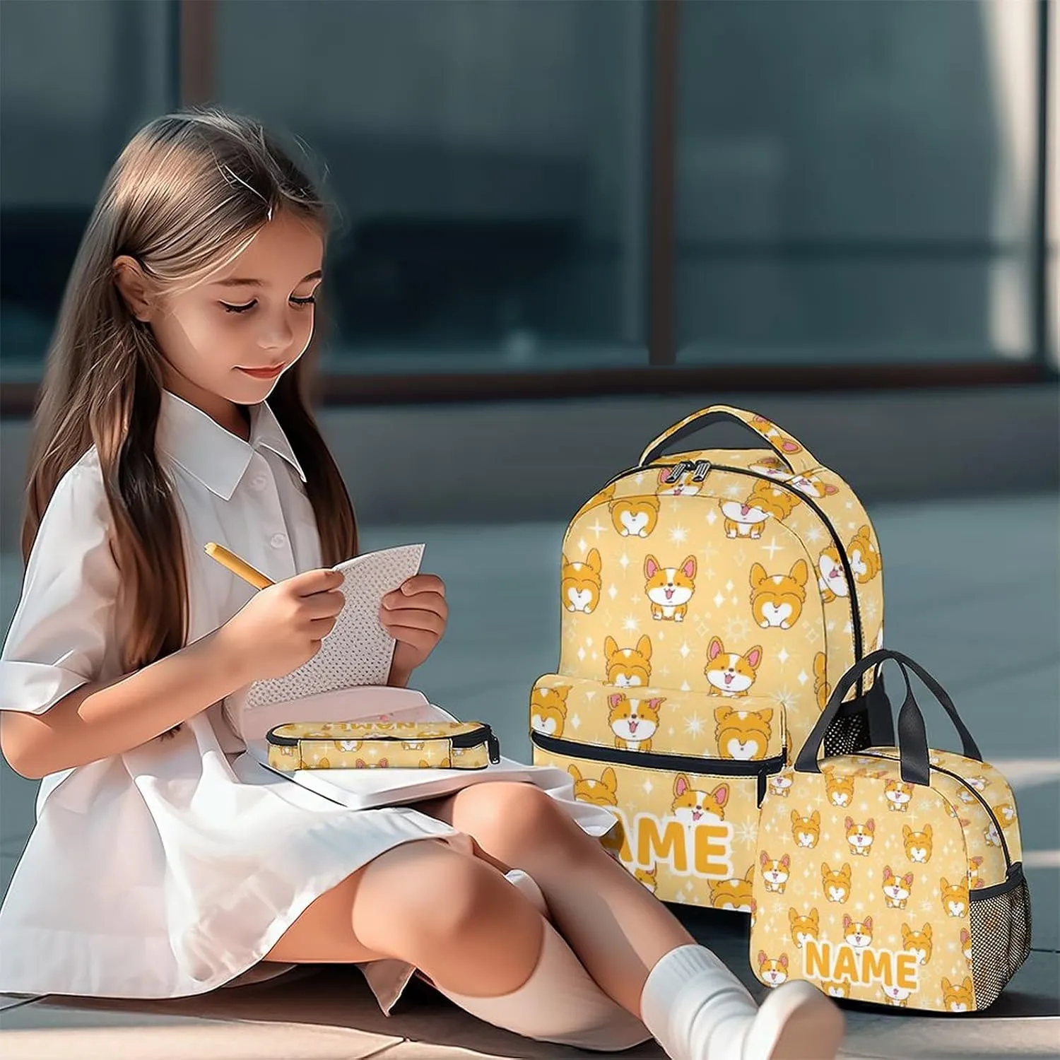 Mercuryelf Personalized Corgi Girls Boys Backpack with Lunch Box Set, 3 in 1 School Backpacks Matching Combo, Cute Yellow Bookbag and Pencil Case Bundle