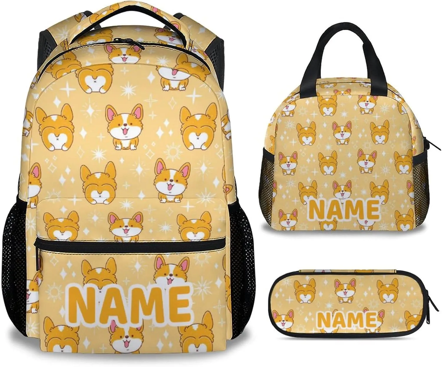 Mercuryelf Personalized Corgi Girls Boys Backpack with Lunch Box Set, 3 in 1 School Backpacks Matching Combo, Cute Yellow Bookbag and Pencil Case Bundle