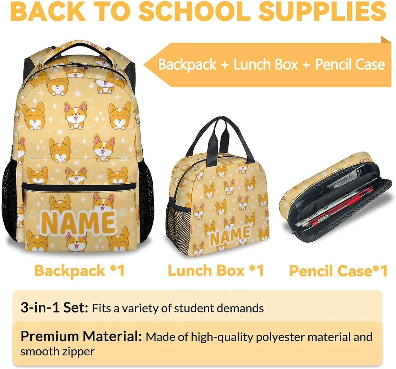 Mercuryelf Personalized Corgi Girls Boys Backpack with Lunch Box Set, 3 in 1 School Backpacks Matching Combo, Cute Yellow Bookbag and Pencil Case Bundle