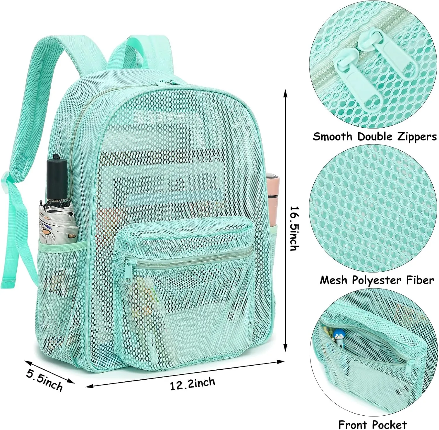 Mesh Backpack for School, Girls Boys See Through College Backpacks Heavy Duty Semi-Transparent Women Wen Bookbag for Swimming Travel Beach Hiking (Green)