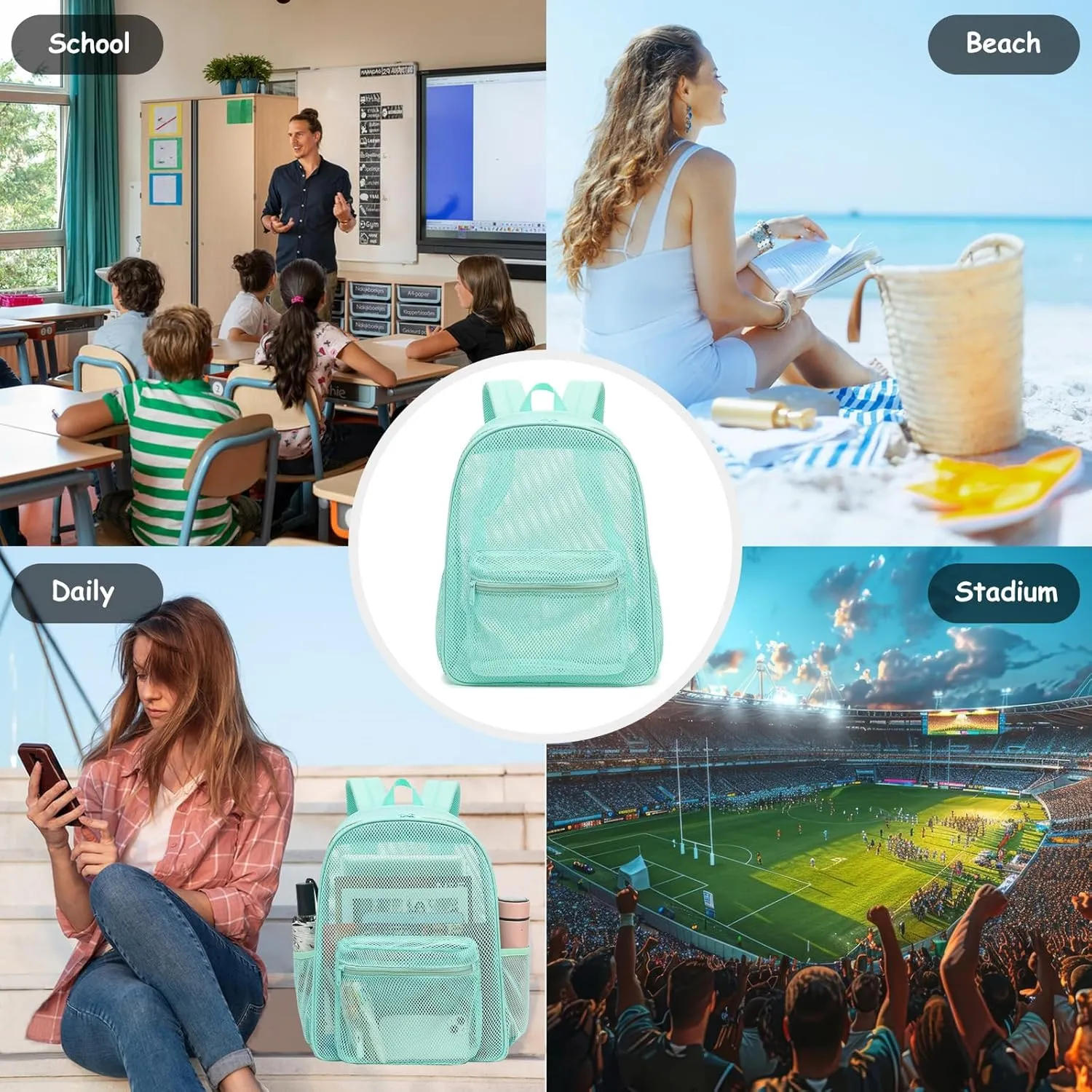 Mesh Backpack for School, Girls Boys See Through College Backpacks Heavy Duty Semi-Transparent Women Wen Bookbag for Swimming Travel Beach Hiking (Green)
