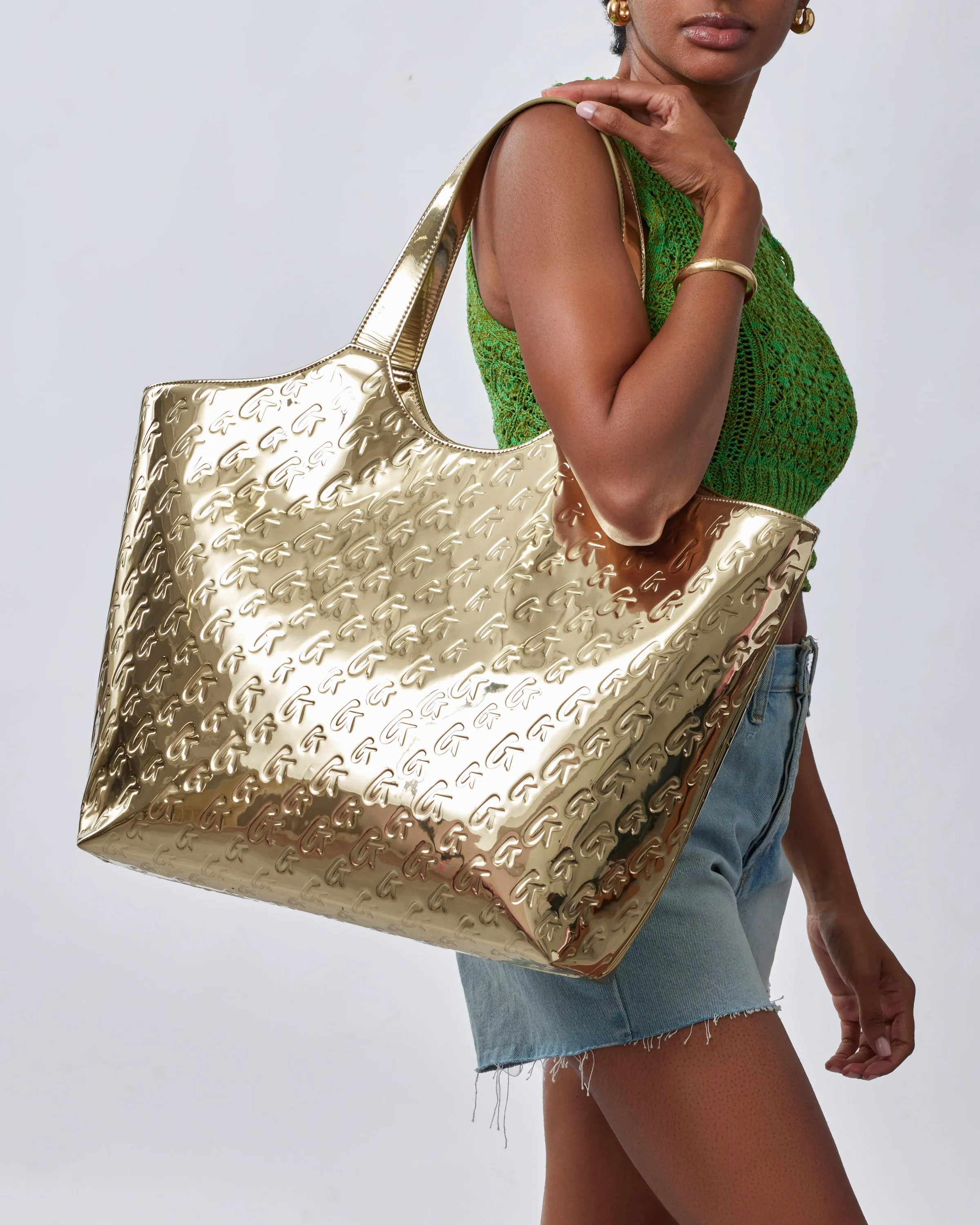 METALLIC MONOGRAM MAXI TOTE - METALLIC GOLD