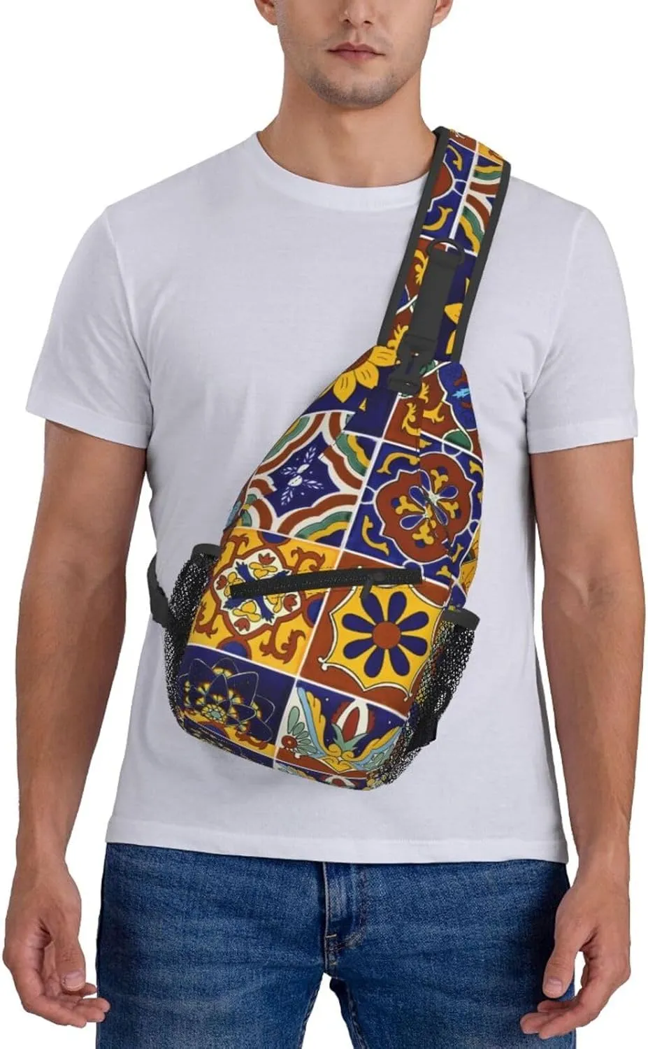 Mexican Talavera Ceramic Tiles Men'S Crossbody Bag Travel Hiking Shoulder Backpack Chest Bag