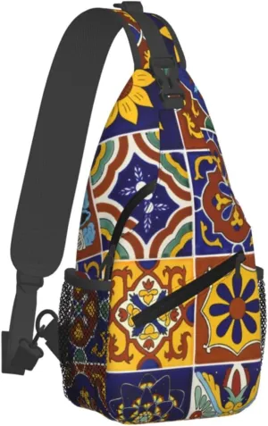 Mexican Talavera Ceramic Tiles Men'S Crossbody Bag Travel Hiking Shoulder Backpack Chest Bag