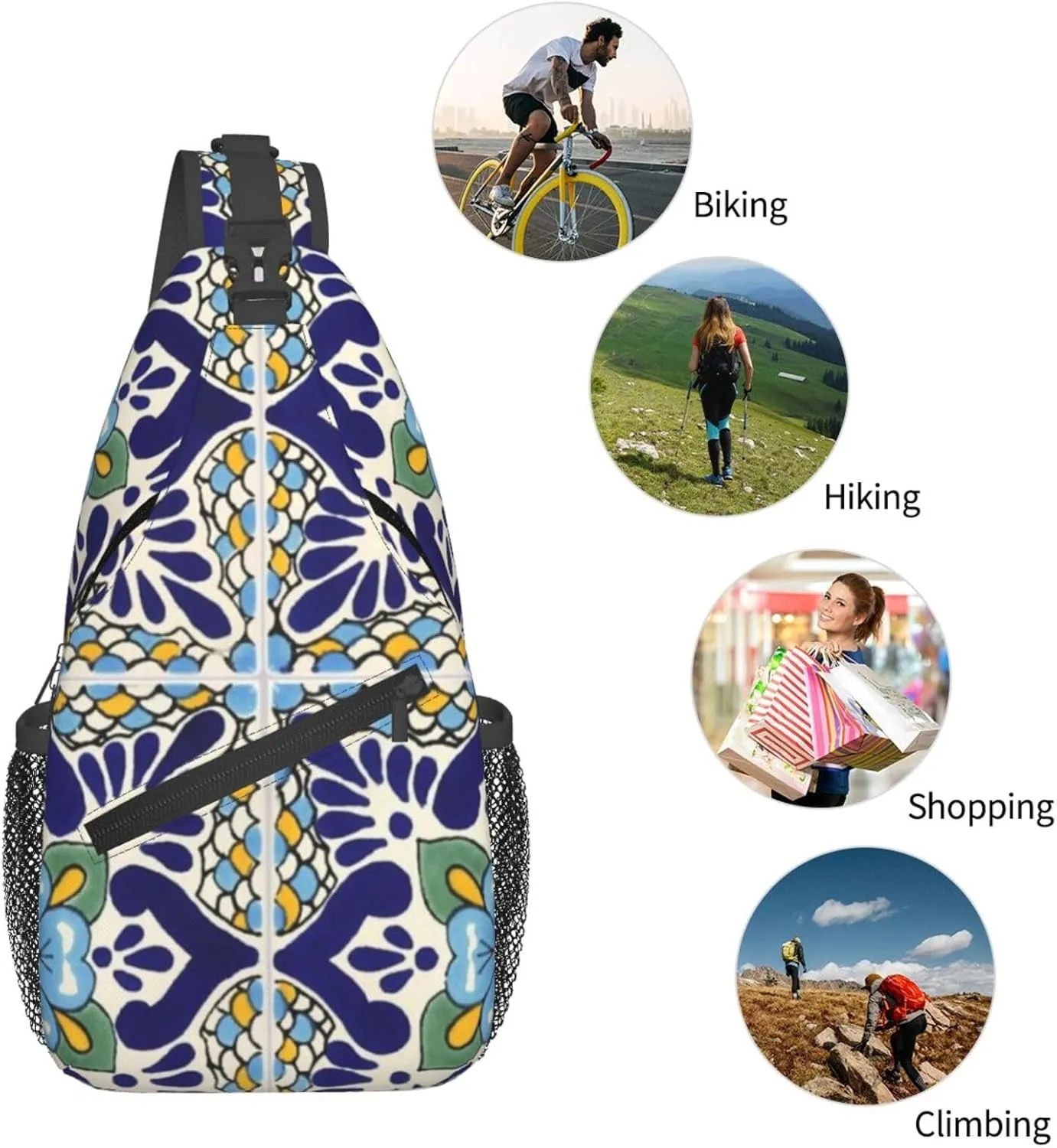 Mexican Talavera Ceramic Tiles Men'S Crossbody Bag Travel Hiking Shoulder Backpack Chest Bag