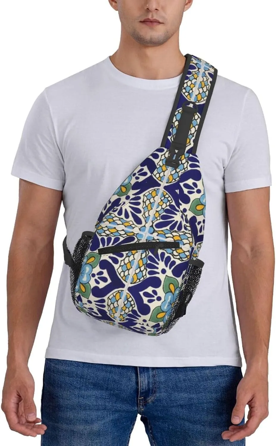 Mexican Talavera Ceramic Tiles Men'S Crossbody Bag Travel Hiking Shoulder Backpack Chest Bag