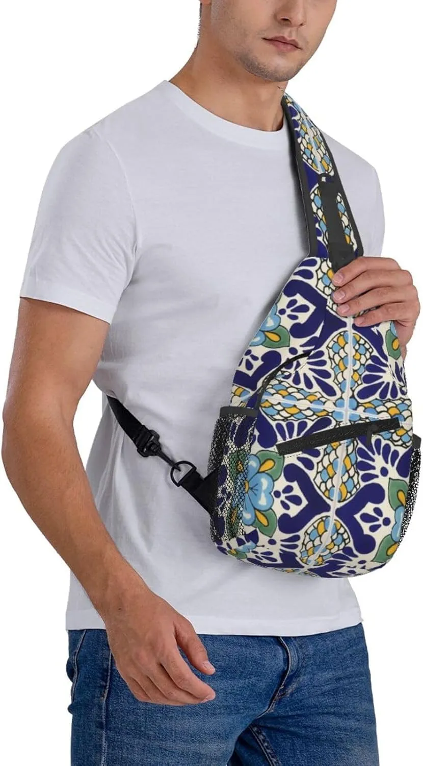 Mexican Talavera Ceramic Tiles Men'S Crossbody Bag Travel Hiking Shoulder Backpack Chest Bag