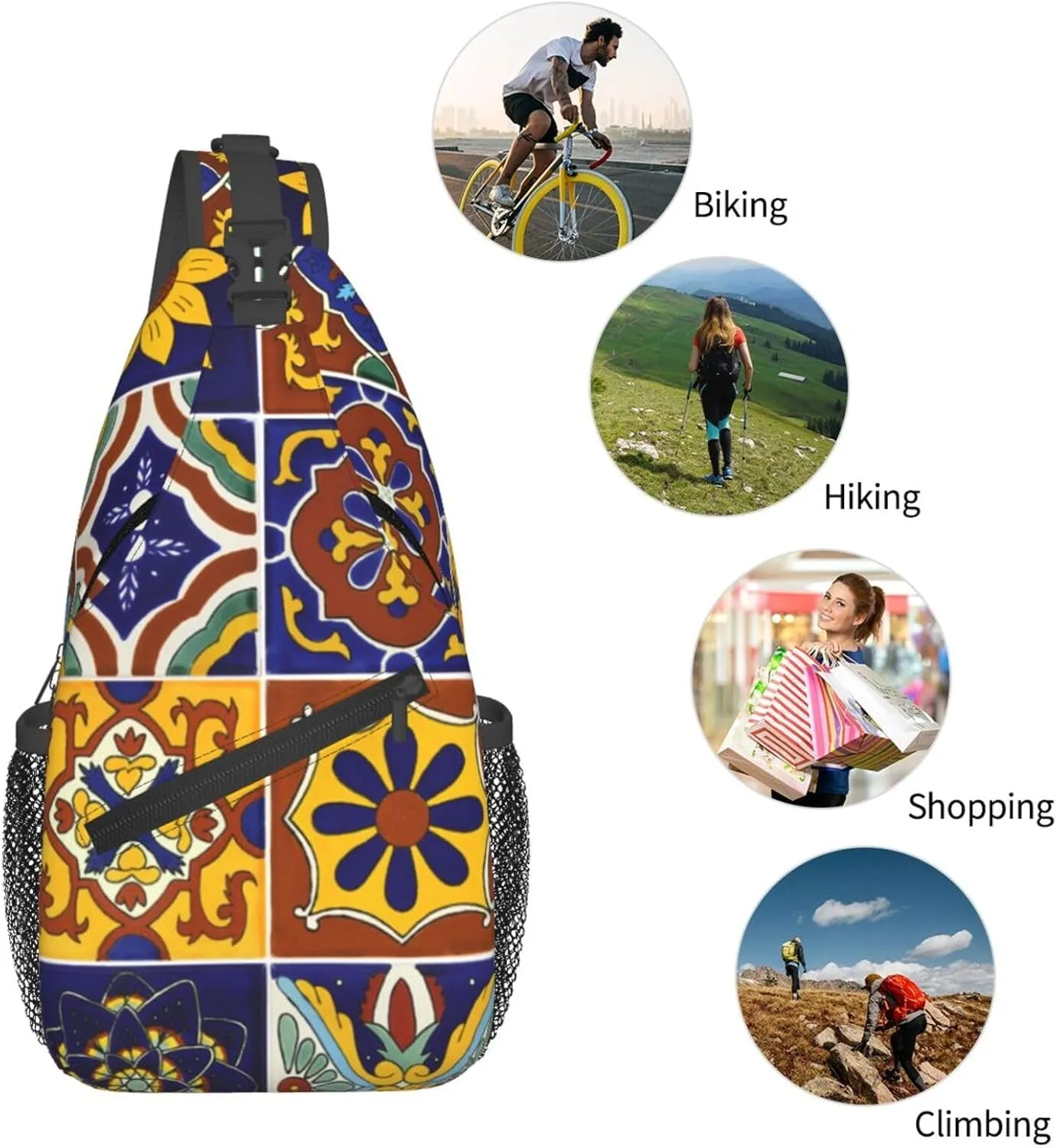 Mexican Talavera Ceramic Tiles Men'S Crossbody Bag Travel Hiking Shoulder Backpack Chest Bag