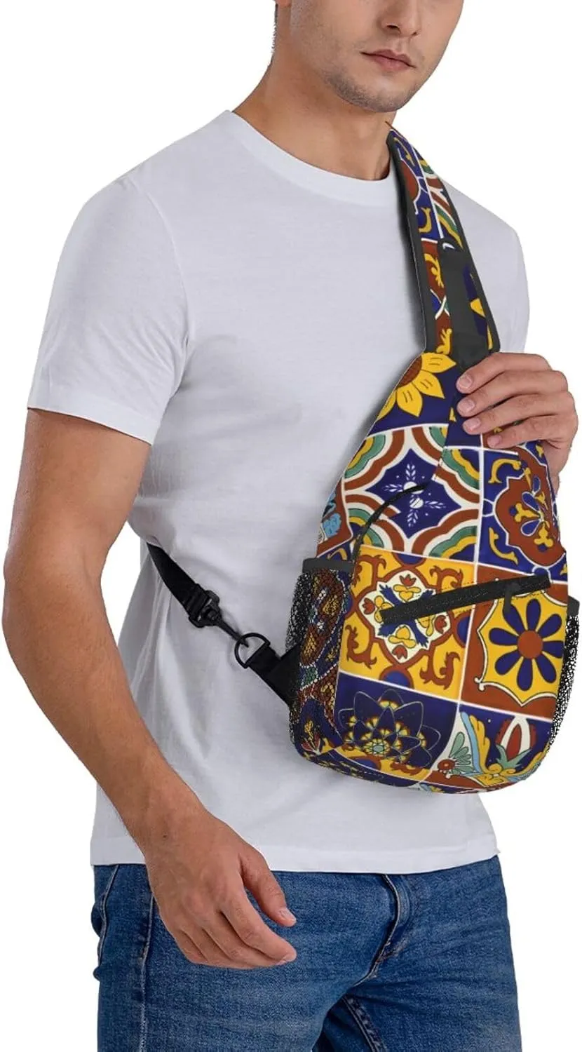Mexican Talavera Ceramic Tiles Men'S Crossbody Bag Travel Hiking Shoulder Backpack Chest Bag