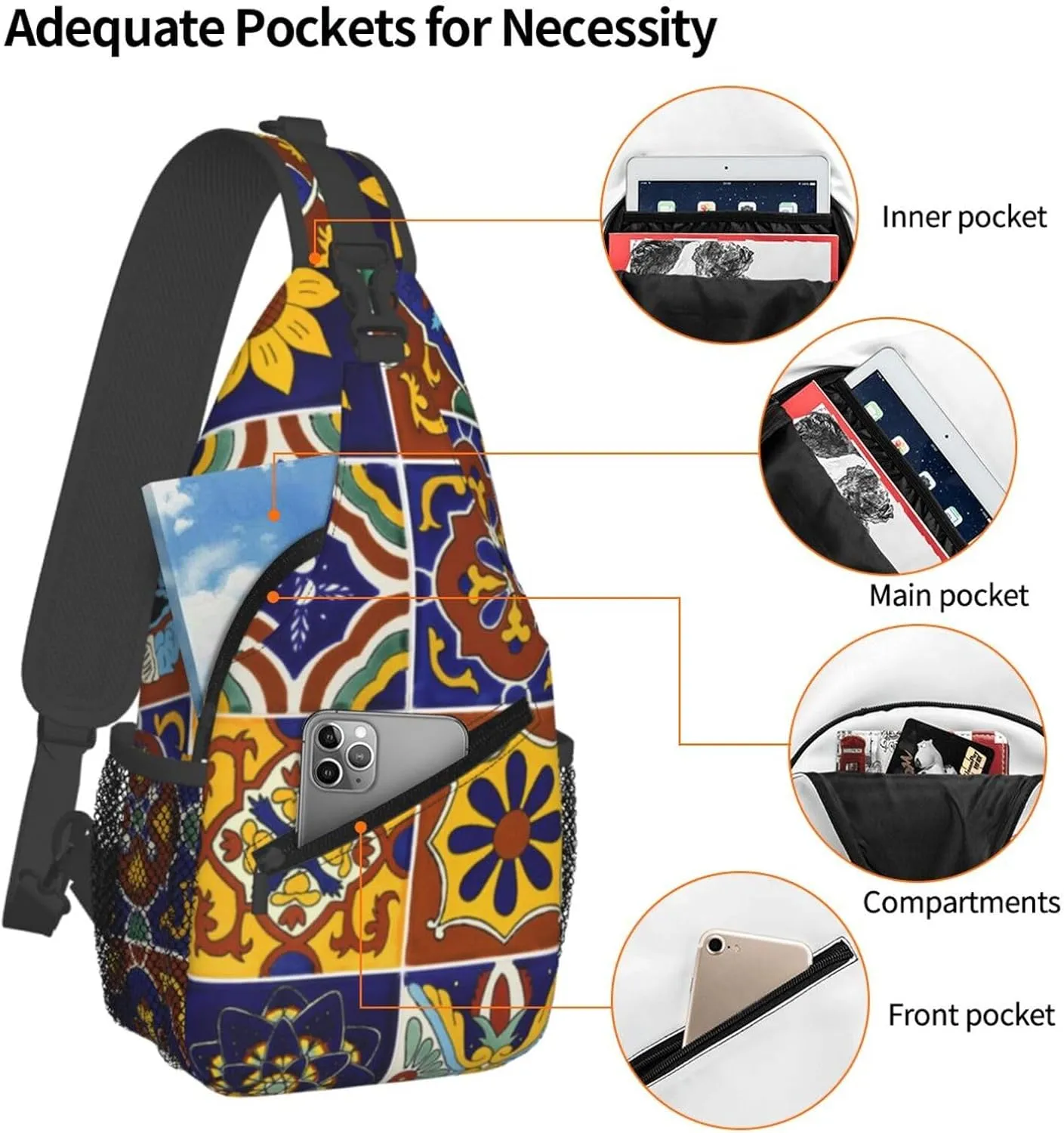 Mexican Talavera Ceramic Tiles Men'S Crossbody Bag Travel Hiking Shoulder Backpack Chest Bag