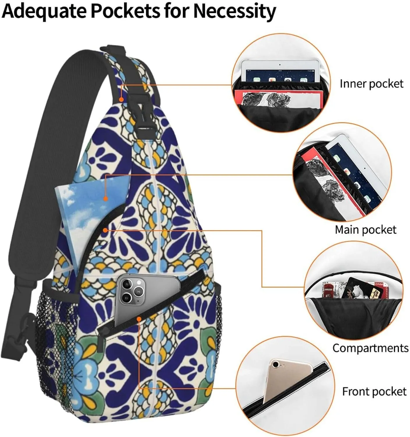 Mexican Talavera Ceramic Tiles Men'S Crossbody Bag Travel Hiking Shoulder Backpack Chest Bag