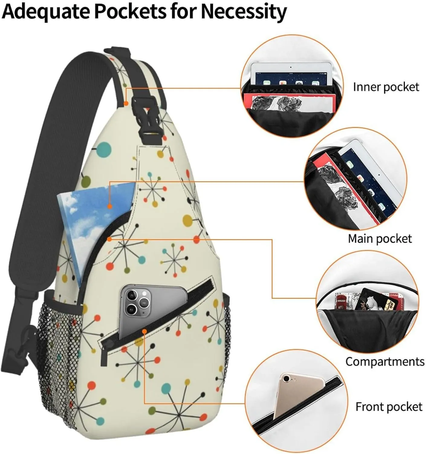 Mid Century Modern Atomic Turquoise Mat Men'S Crossbody Bag Travel Hiking Shoulder Backpack Chest Bag