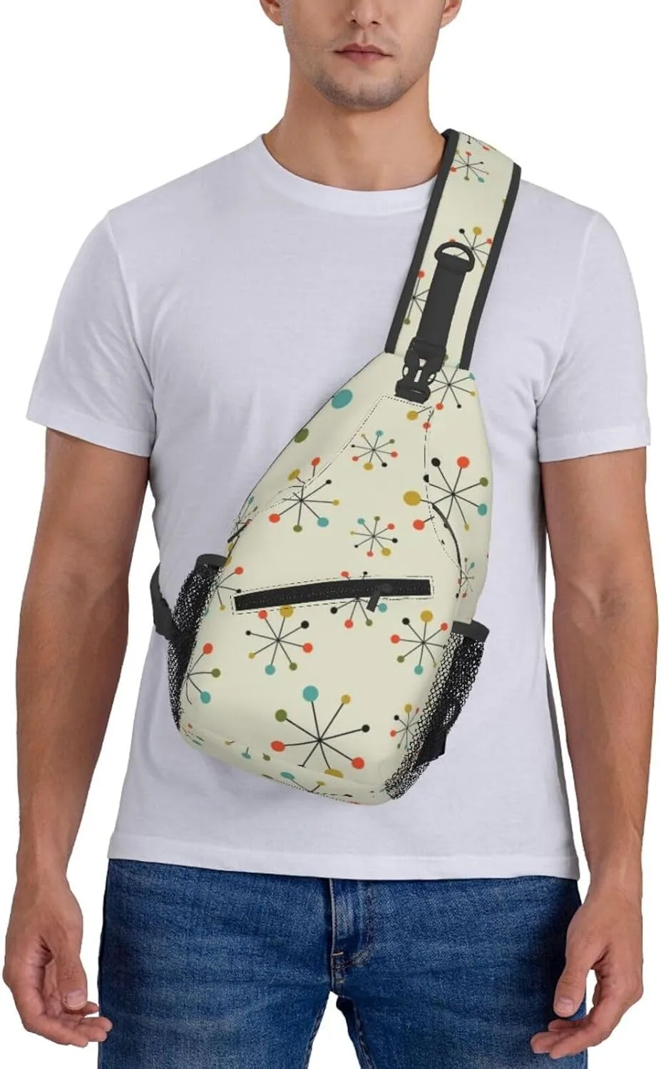 Mid Century Modern Atomic Turquoise Mat Men'S Crossbody Bag Travel Hiking Shoulder Backpack Chest Bag