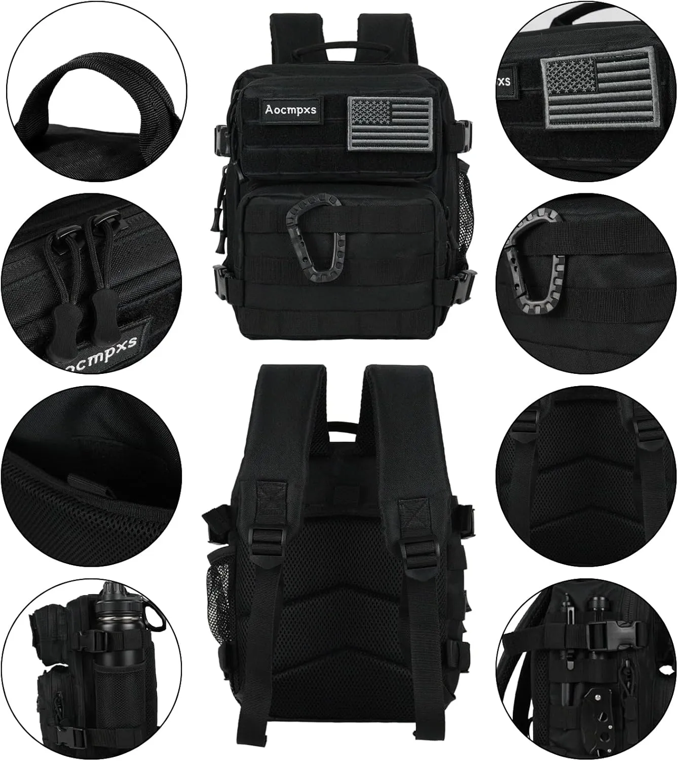 Mini Tactical Backpack, 9L Small Gym Backpacks Sport Bag for Men Women Molle Military Pack with US Flag Patch and Carabiner (Black)