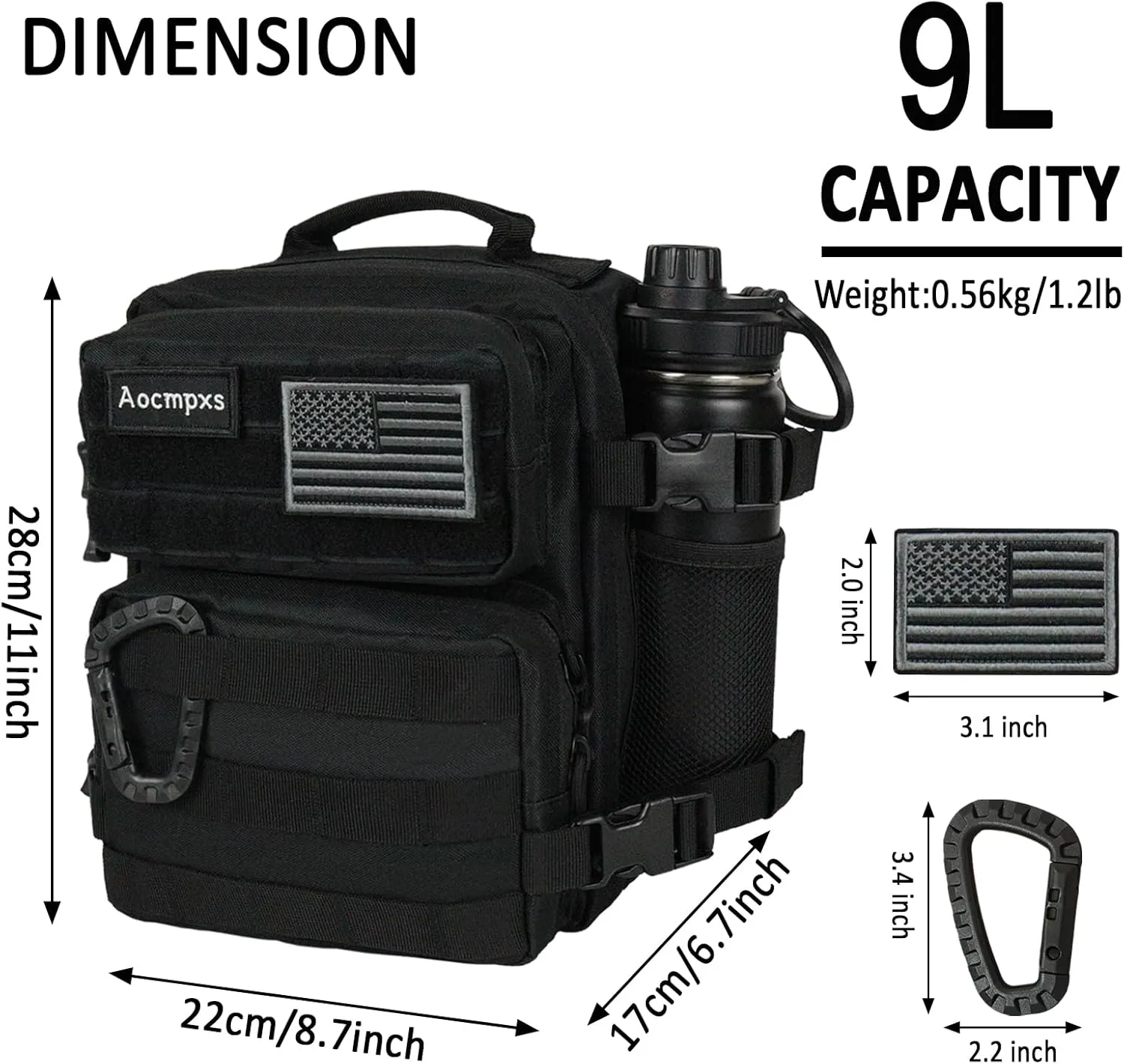 Mini Tactical Backpack, 9L Small Gym Backpacks Sport Bag for Men Women Molle Military Pack with US Flag Patch and Carabiner (Black)