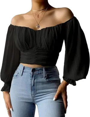 MIRACMODA Womens Elegant Off The Shoulder Puff Sleeve Blouse Summer Chiffon Slim Fit Party Crop Top